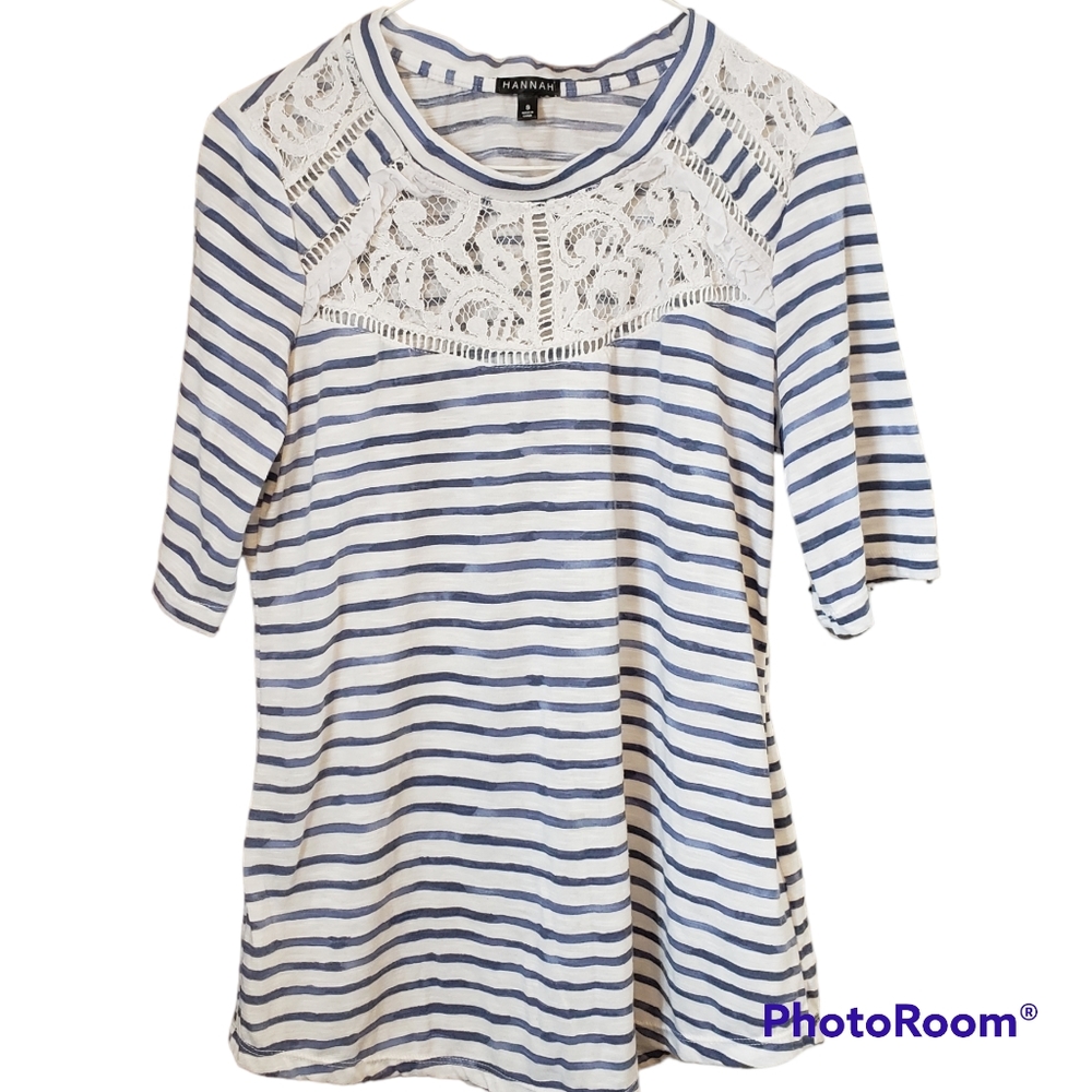 Hannah Womens Short Sleeve Lace Striped Blouse White/Blue Size Small